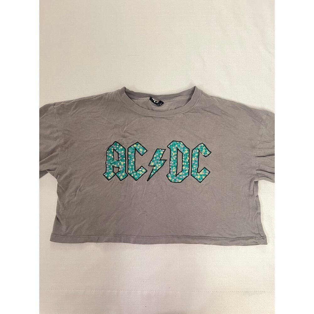 AC DC Music‎ Crop Top Tee Womens XXS Short Sleeve Crewneck Graphic Gray